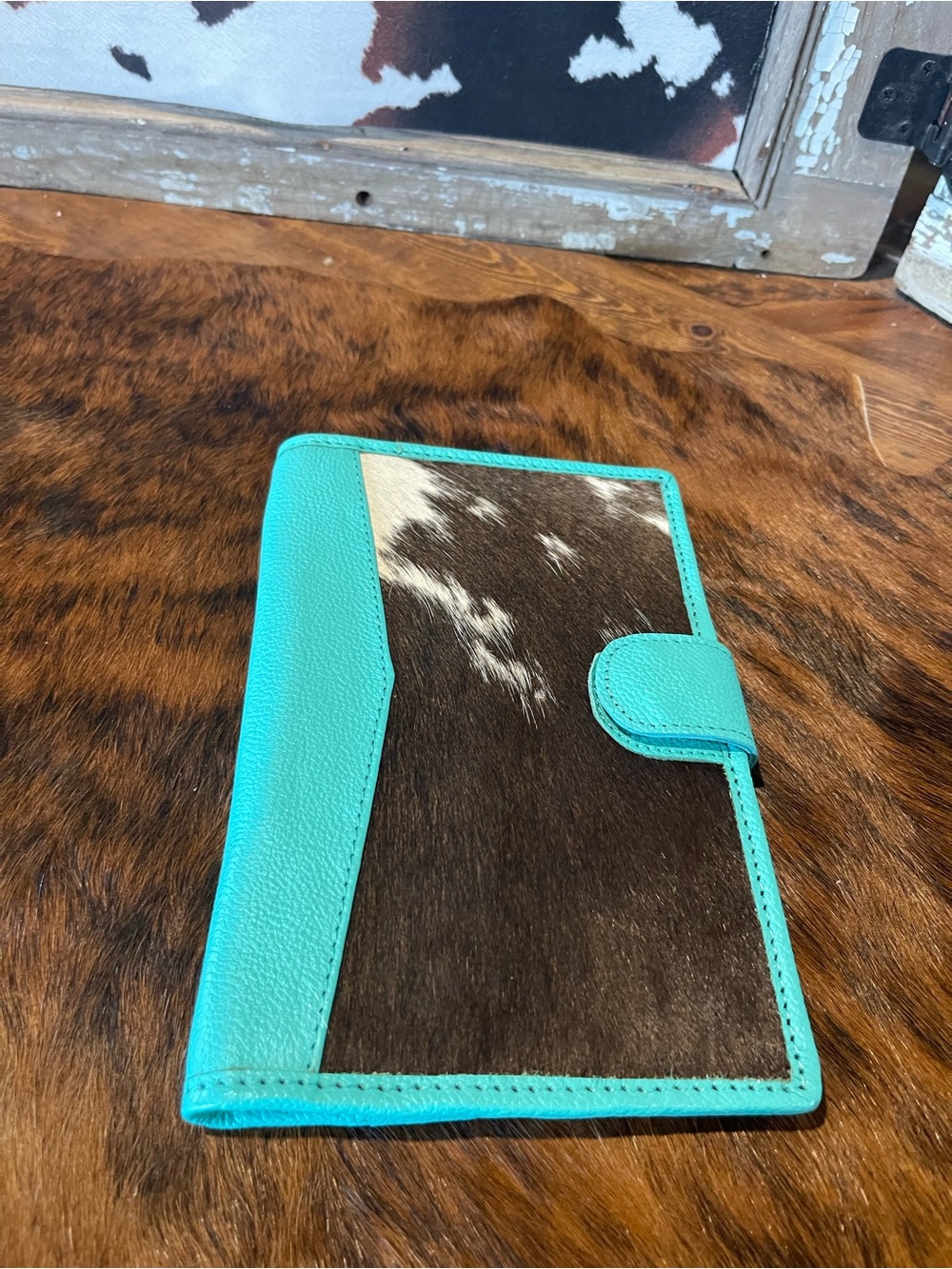 Turquoise Leather & Cowhide Passport Wallet